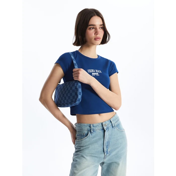 LCW ACCESSORIES MAVİ Ekose Desenli Kadın Baget Çanta