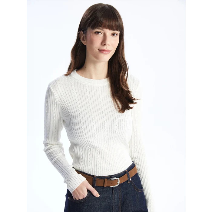 LCWAIKIKI Basic EKRU Bisiklet Yaka Kendinden Desenli Uzun Kollu Kadın Triko Kazak