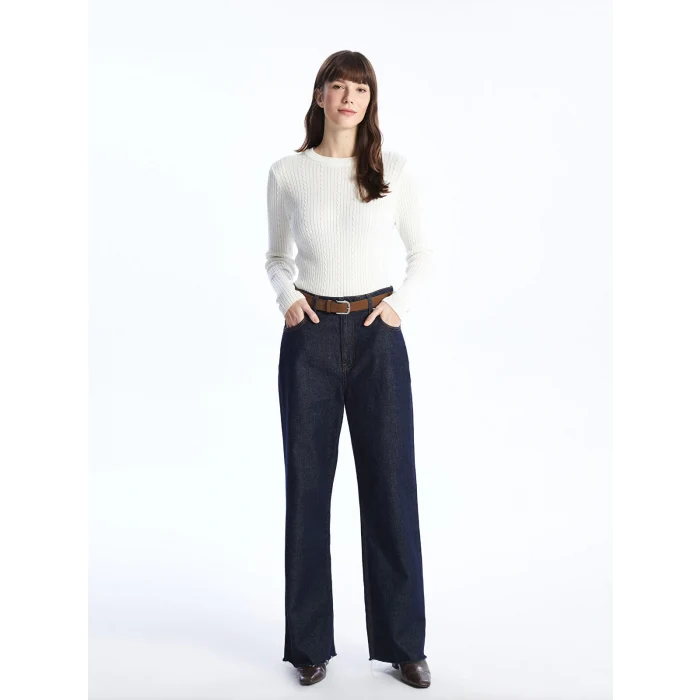 LCWAIKIKI Basic EKRU Bisiklet Yaka Kendinden Desenli Uzun Kollu Kadın Triko Kazak