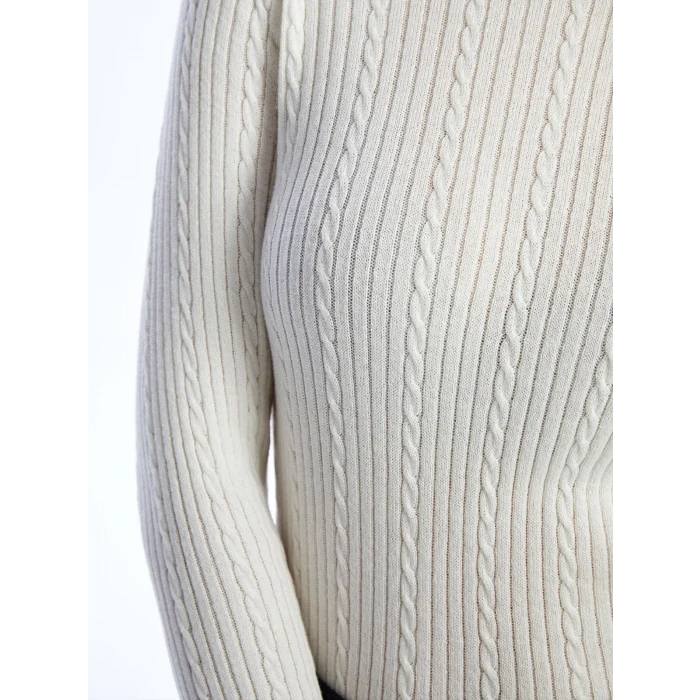 LCWAIKIKI Basic EKRU Bisiklet Yaka Kendinden Desenli Uzun Kollu Kadın Triko Kazak