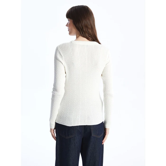 LCWAIKIKI Basic EKRU Bisiklet Yaka Kendinden Desenli Uzun Kollu Kadın Triko Kazak