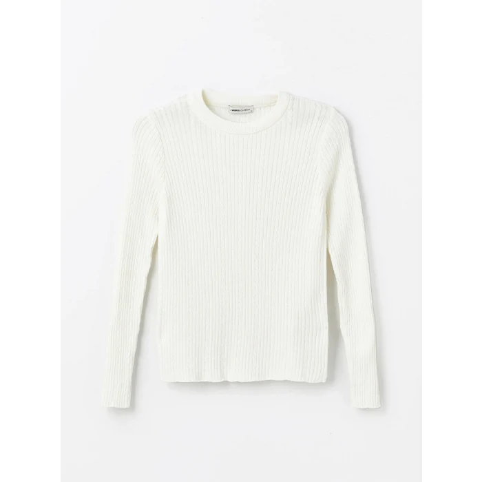 LCWAIKIKI Basic EKRU Bisiklet Yaka Kendinden Desenli Uzun Kollu Kadın Triko Kazak