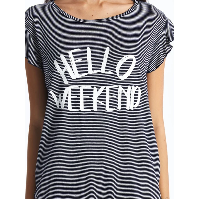 LCW DREAM LACİVERT Bisiklet Yaka Çizgili Kısa Kollu Kadın Pijama Takımı