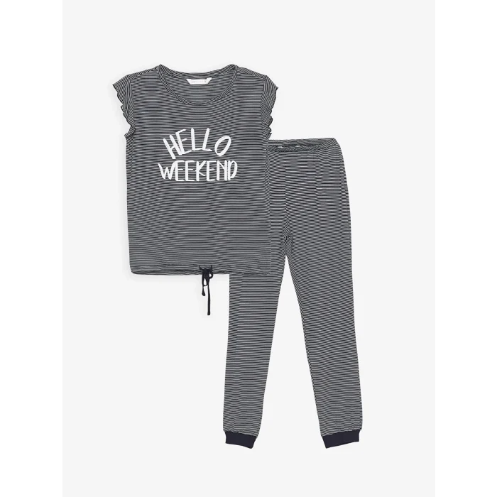 LCW DREAM LACİVERT Bisiklet Yaka Çizgili Kısa Kollu Kadın Pijama Takımı