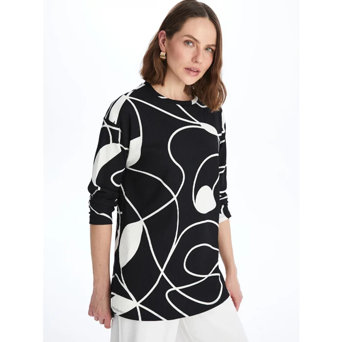 LCWAIKIKI Basic SİYAH Bisiklet Yaka Desenli Kadın Sweatshirt Tunik