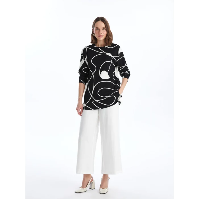 LCWAIKIKI Basic SİYAH Bisiklet Yaka Desenli Kadın Sweatshirt Tunik