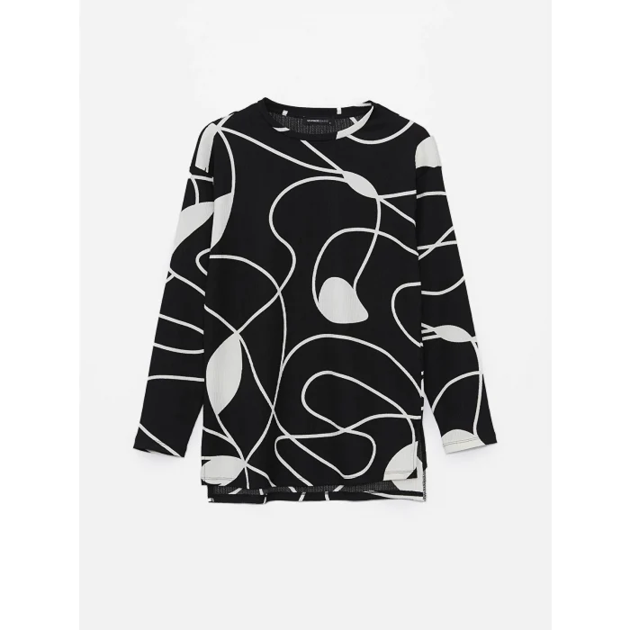 LCWAIKIKI Basic SİYAH Bisiklet Yaka Desenli Kadın Sweatshirt Tunik