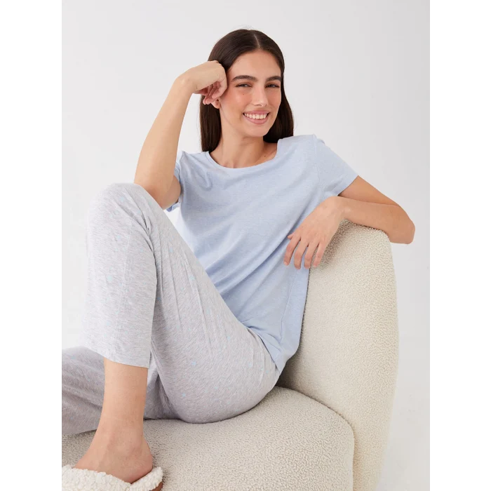 LCW DREAM MAVİ Bisiklet Yaka Desenli Uzun Kollu Kadın Pijama Takımı