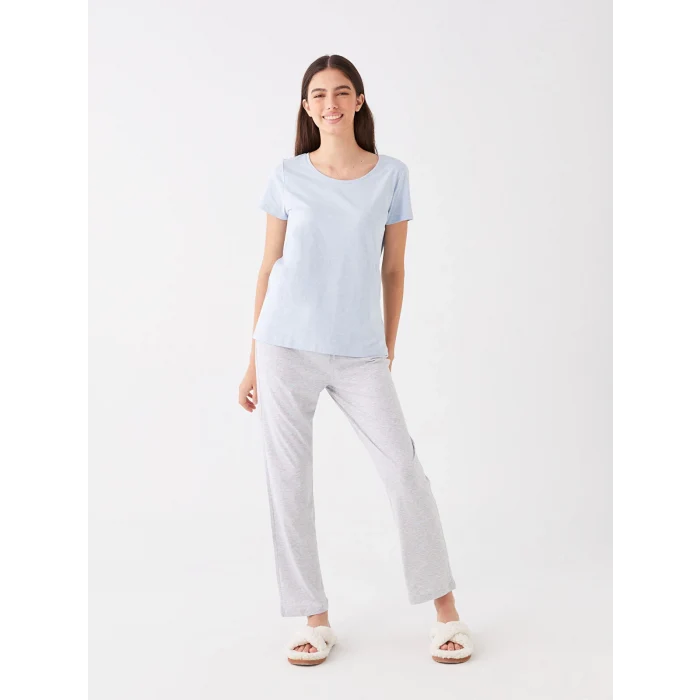 LCW DREAM MAVİ Bisiklet Yaka Desenli Uzun Kollu Kadın Pijama Takımı