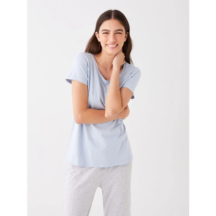 LCW DREAM MAVİ Bisiklet Yaka Desenli Uzun Kollu Kadın Pijama Takımı