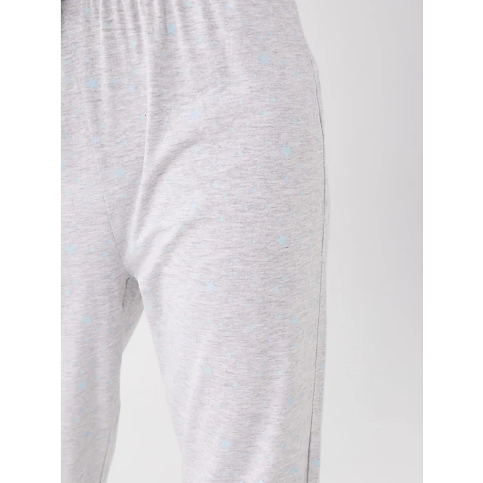 LCW DREAM MAVİ Bisiklet Yaka Desenli Uzun Kollu Kadın Pijama Takımı