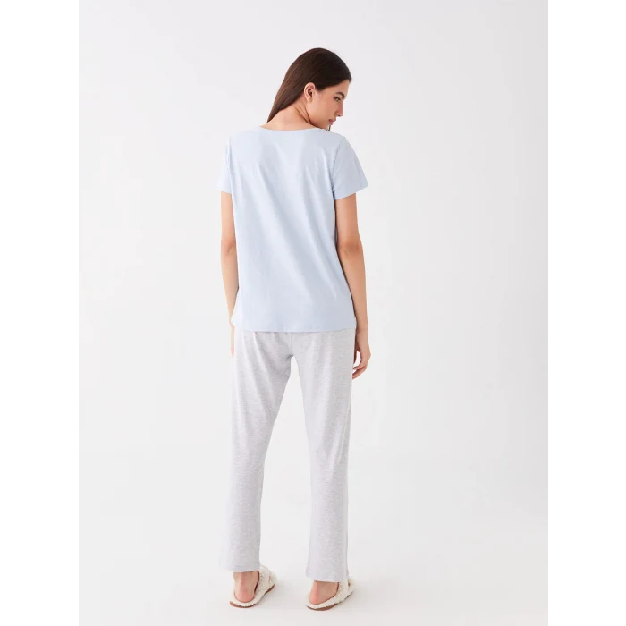 LCW DREAM MAVİ Bisiklet Yaka Desenli Uzun Kollu Kadın Pijama Takımı