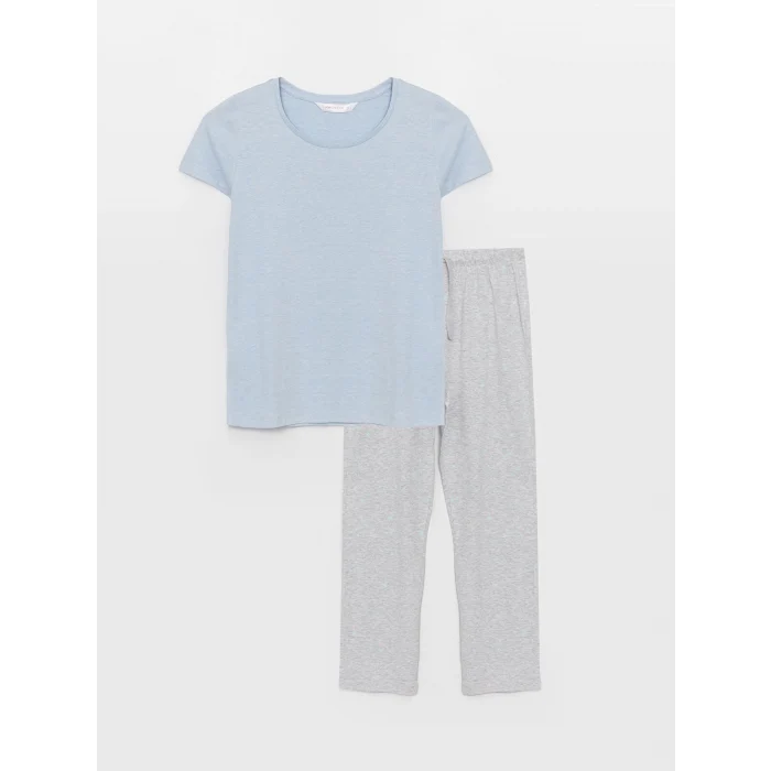 LCW DREAM MAVİ Bisiklet Yaka Desenli Uzun Kollu Kadın Pijama Takımı