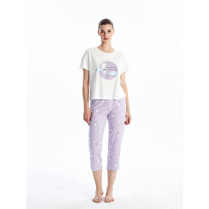 LCW Young LİLA Bisiklet Yaka Baskılı Kısa Kollu Kadın Kaprili Pijama Takımı