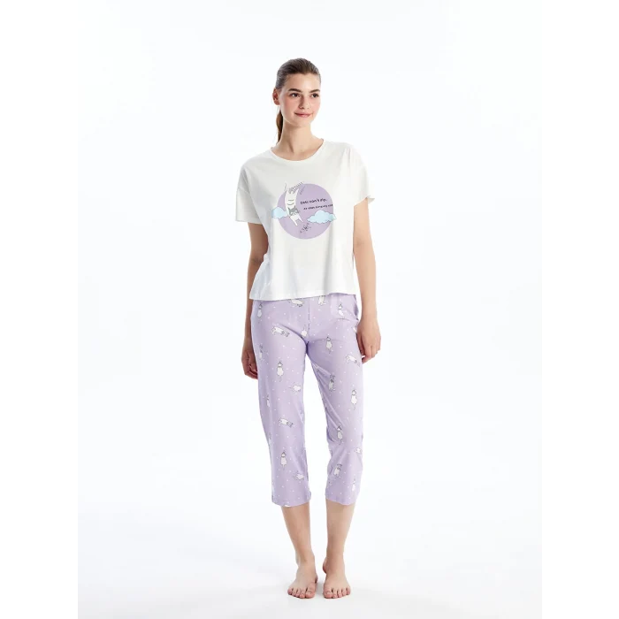 LCW Young LİLA Bisiklet Yaka Baskılı Kısa Kollu Kadın Kaprili Pijama Takımı