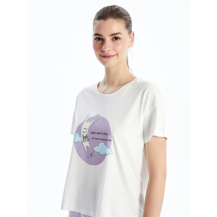 LCW Young LİLA Bisiklet Yaka Baskılı Kısa Kollu Kadın Kaprili Pijama Takımı