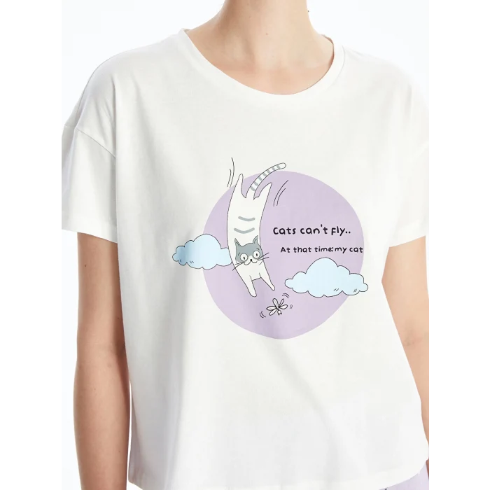 LCW Young LİLA Bisiklet Yaka Baskılı Kısa Kollu Kadın Kaprili Pijama Takımı