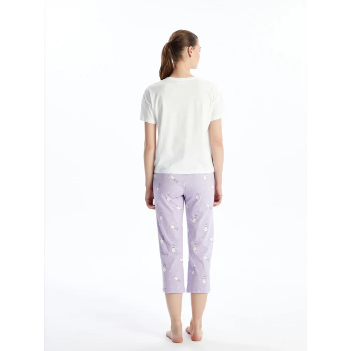 LCW Young LİLA Bisiklet Yaka Baskılı Kısa Kollu Kadın Kaprili Pijama Takımı