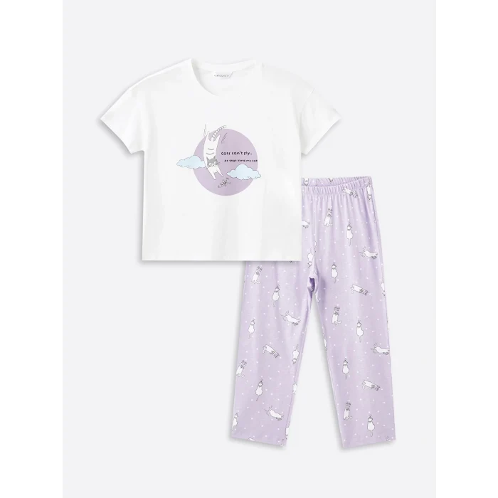 LCW Young LİLA Bisiklet Yaka Baskılı Kısa Kollu Kadın Kaprili Pijama Takımı