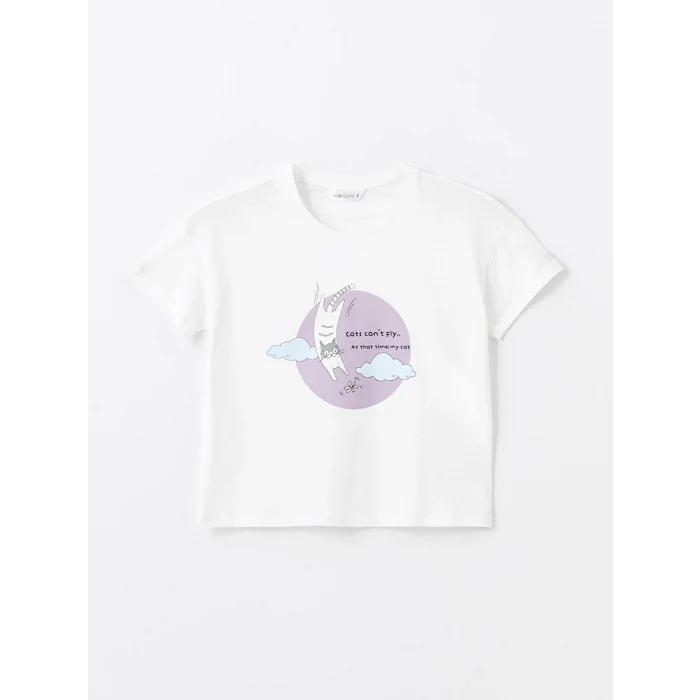 LCW Young LİLA Bisiklet Yaka Baskılı Kısa Kollu Kadın Kaprili Pijama Takımı