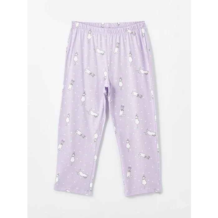 LCW Young LİLA Bisiklet Yaka Baskılı Kısa Kollu Kadın Kaprili Pijama Takımı