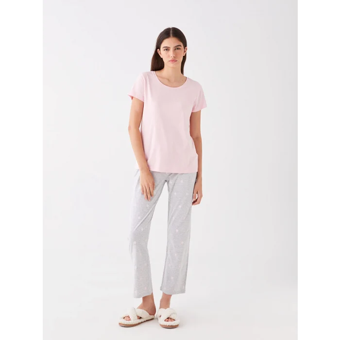 LCW DREAM PEMBE Bisiklet Yaka Desenli Uzun Kollu Kadın Pijama Takımı