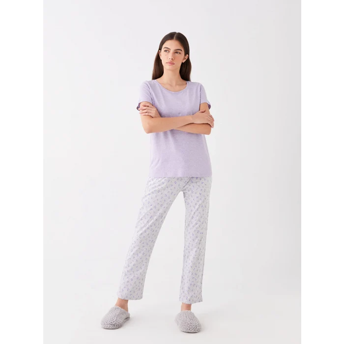 LCW DREAM LİLA Bisiklet Yaka Desenli Kısa Kollu Kadın Pijama Takımı