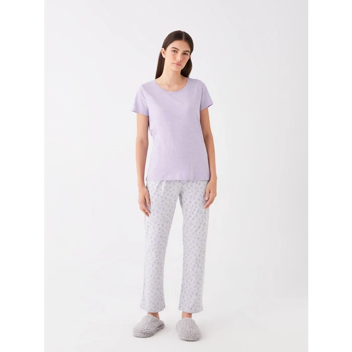 LCW DREAM LİLA Bisiklet Yaka Desenli Kısa Kollu Kadın Pijama Takımı