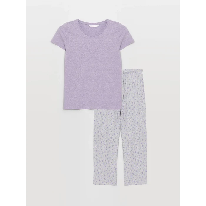 LCW DREAM LİLA Bisiklet Yaka Desenli Kısa Kollu Kadın Pijama Takımı