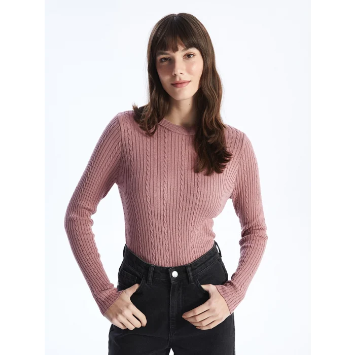 LCWAIKIKI Basic PEMBE Bisiklet Yaka Kendinden Desenli Uzun Kollu Kadın Triko Kazak