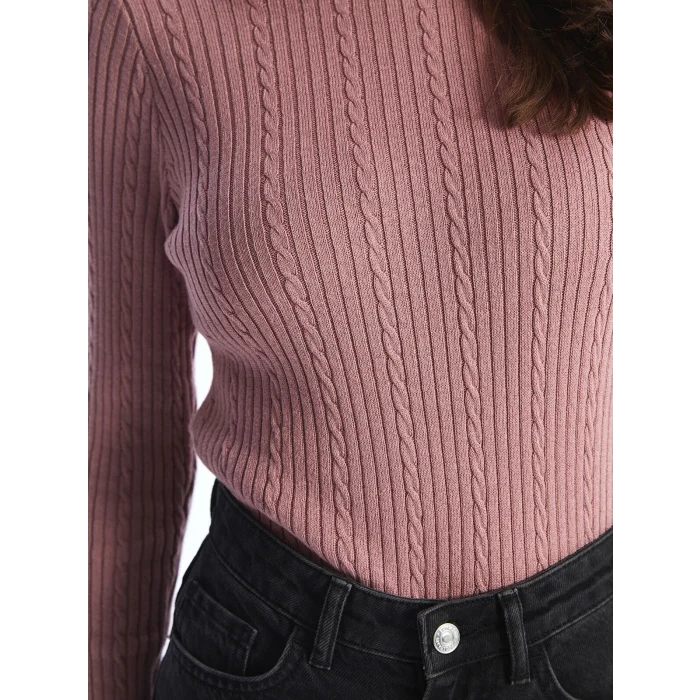 LCWAIKIKI Basic PEMBE Bisiklet Yaka Kendinden Desenli Uzun Kollu Kadın Triko Kazak