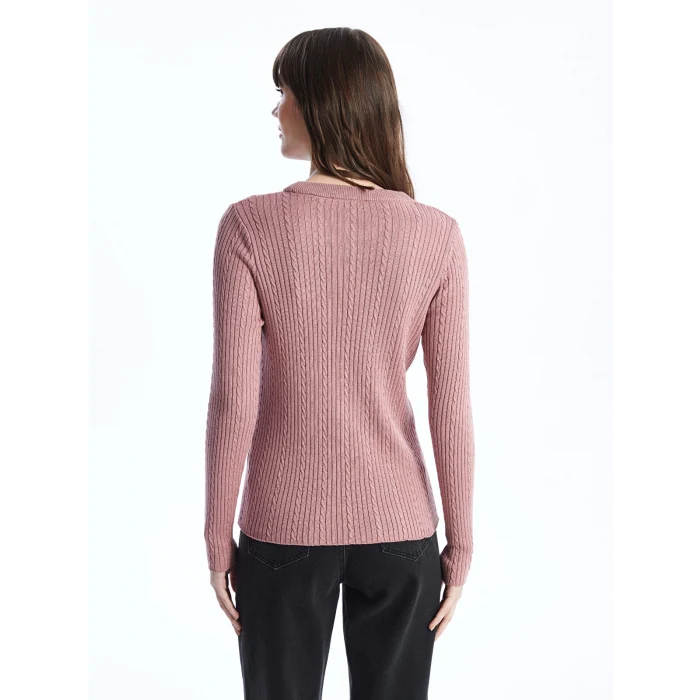 LCWAIKIKI Basic PEMBE Bisiklet Yaka Kendinden Desenli Uzun Kollu Kadın Triko Kazak