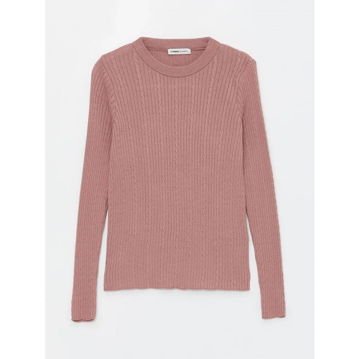 LCWAIKIKI Basic PEMBE Bisiklet Yaka Kendinden Desenli Uzun Kollu Kadın Triko Kazak