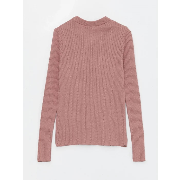 LCWAIKIKI Basic PEMBE Bisiklet Yaka Kendinden Desenli Uzun Kollu Kadın Triko Kazak