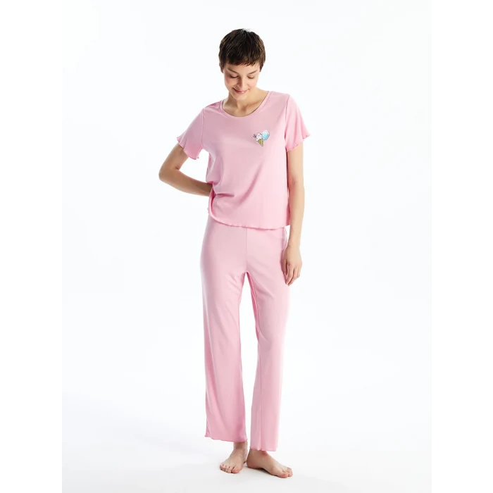 LCW Young PEMBE Bisiklet Yaka Baskılı Kısa Kollu Kadın Pijama Takımı