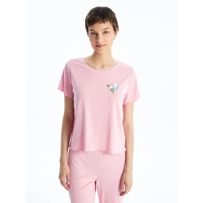 LCW Young PEMBE Bisiklet Yaka Baskılı Kısa Kollu Kadın Pijama Takımı