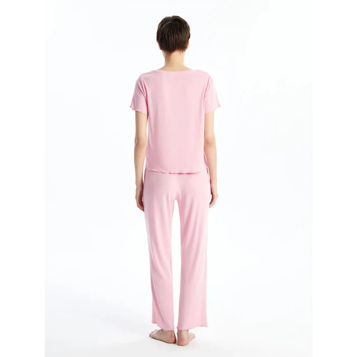 LCW Young PEMBE Bisiklet Yaka Baskılı Kısa Kollu Kadın Pijama Takımı