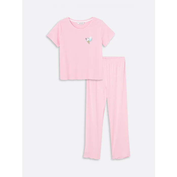 LCW Young PEMBE Bisiklet Yaka Baskılı Kısa Kollu Kadın Pijama Takımı
