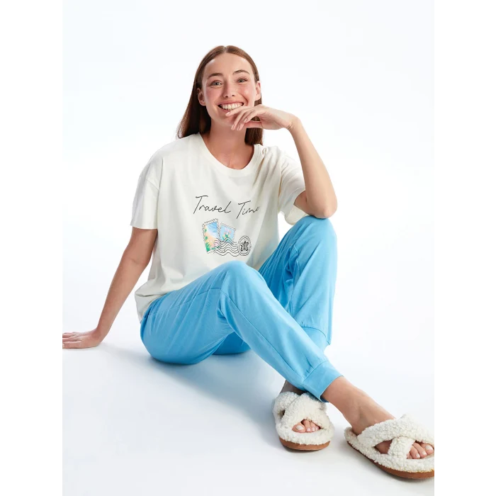 LCW DREAM MAVİ Bisiklet Yaka Baskılı Kısa Kollu Kadın Pijama Takımı