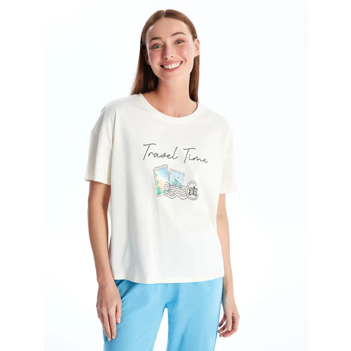 LCW DREAM MAVİ Bisiklet Yaka Baskılı Kısa Kollu Kadın Pijama Takımı