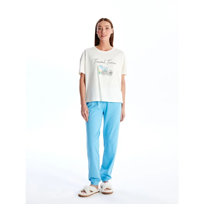 LCW DREAM MAVİ Bisiklet Yaka Baskılı Kısa Kollu Kadın Pijama Takımı