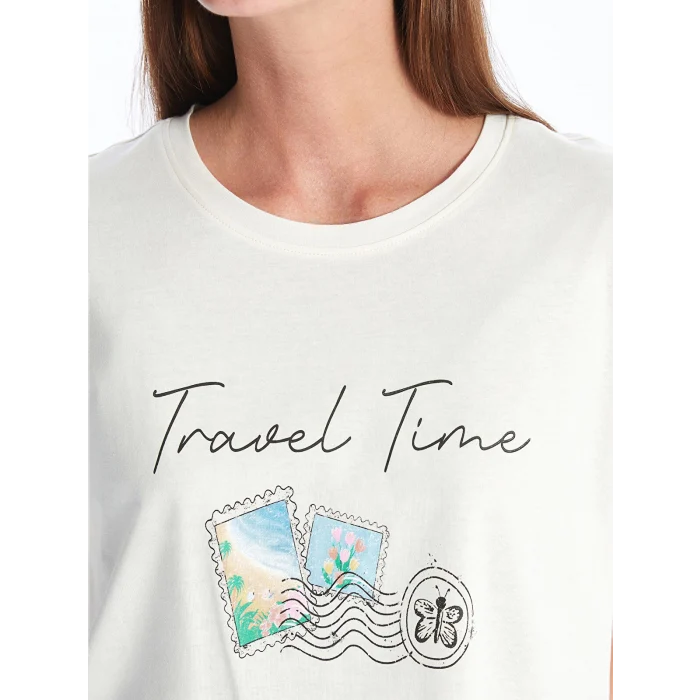 LCW DREAM MAVİ Bisiklet Yaka Baskılı Kısa Kollu Kadın Pijama Takımı