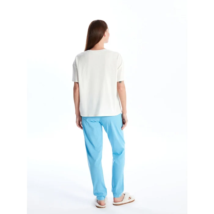 LCW DREAM MAVİ Bisiklet Yaka Baskılı Kısa Kollu Kadın Pijama Takımı