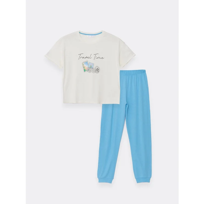 LCW DREAM MAVİ Bisiklet Yaka Baskılı Kısa Kollu Kadın Pijama Takımı
