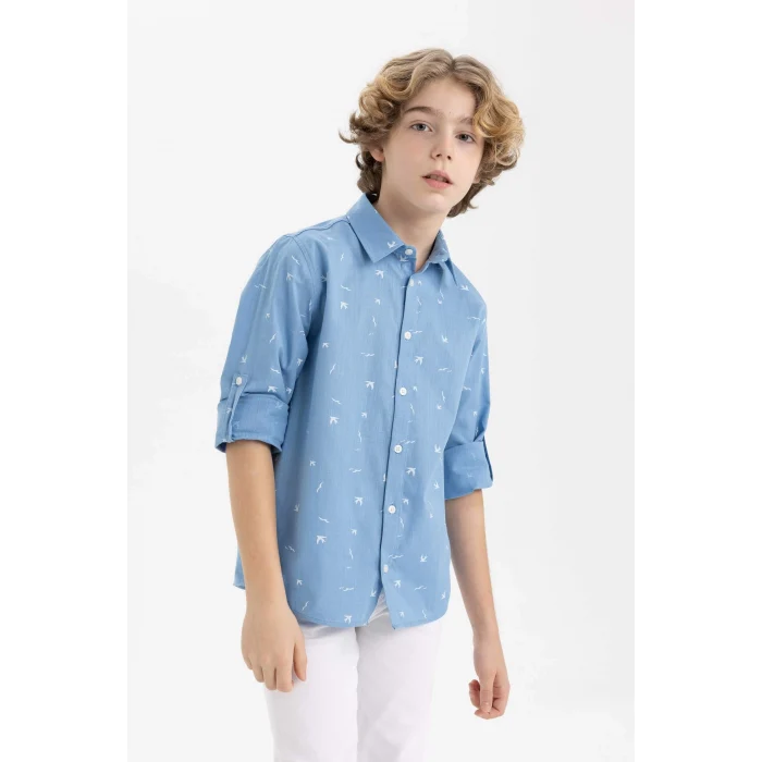 Defacto B6633 Mavi Erkek Çocuk Polo Yaka Desenli Uzun Kollu Gömlek