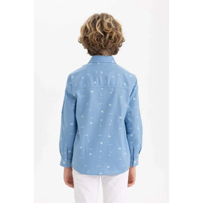 Defacto B6633 Mavi Erkek Çocuk Polo Yaka Desenli Uzun Kollu Gömlek