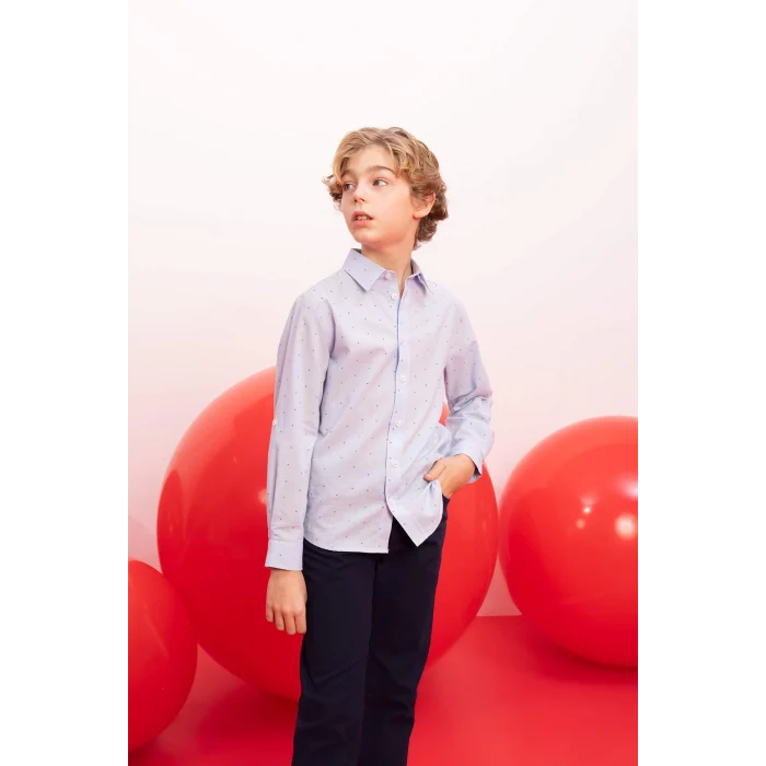 Defacto B8744 Mavi Erkek Çocuk 23 Nisan Çocuk Bayramı Polo Yaka Poplin Uzun Kollu Gömlek