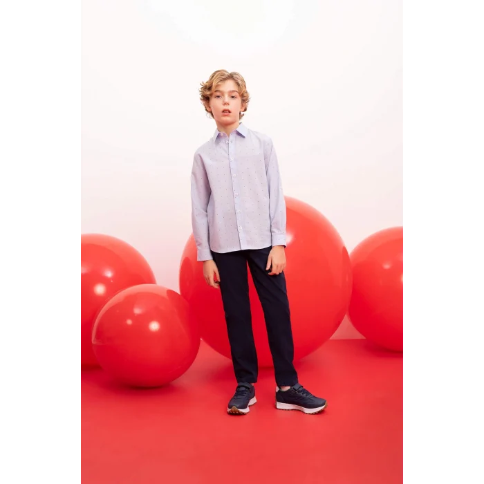 Defacto B8744 Mavi Erkek Çocuk 23 Nisan Çocuk Bayramı Polo Yaka Poplin Uzun Kollu Gömlek