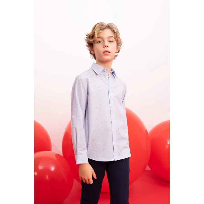 Defacto B8744 Mavi Erkek Çocuk 23 Nisan Çocuk Bayramı Polo Yaka Poplin Uzun Kollu Gömlek