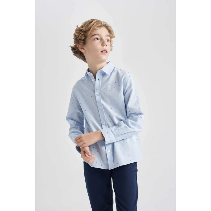 Defacto B8744 Mavi Erkek Çocuk 23 Nisan Çocuk Bayramı Polo Yaka Poplin Uzun Kollu Gömlek